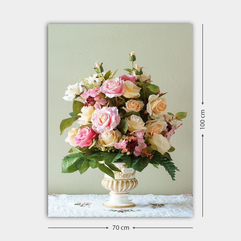 Lærred 70x100 cm - Smuk buket af lyserøde og gule roser i en dekorativ vase - Lyserød / Gul / Grøn - Boligtilbehør - Billeder & kunst - Billeder på lærred