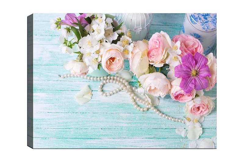 Lærred 70x100 cm - Smuk buket af lyserøde og lilla blomster sammen med perler på en lysegrøn baggrund, Lyserød / Lilla / Hvid