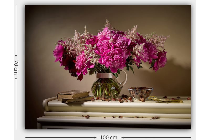 Lærred 70x100 cm - Smuk buket af lyserøde pæoner i en glasvase - Lyserød / Grøn / Beige - Boligtilbehør - Billeder & kunst - Billeder på lærred