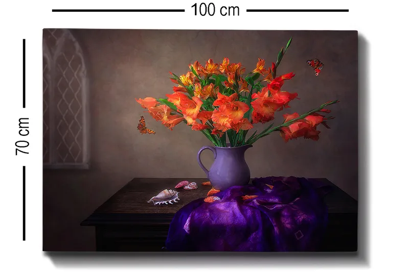 Lærred 70x100 cm - Smuk buket af orange gladiolus i en lilla vase - Orange / Lilla - Boligtilbehør - Billeder & kunst - Billeder på lærred