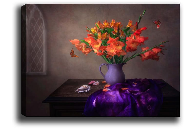 Lærred 70x100 cm - Smuk buket af orange gladiolus i en lilla vase - Orange / Lilla - Boligtilbehør - Billeder & kunst - Billeder på lærred