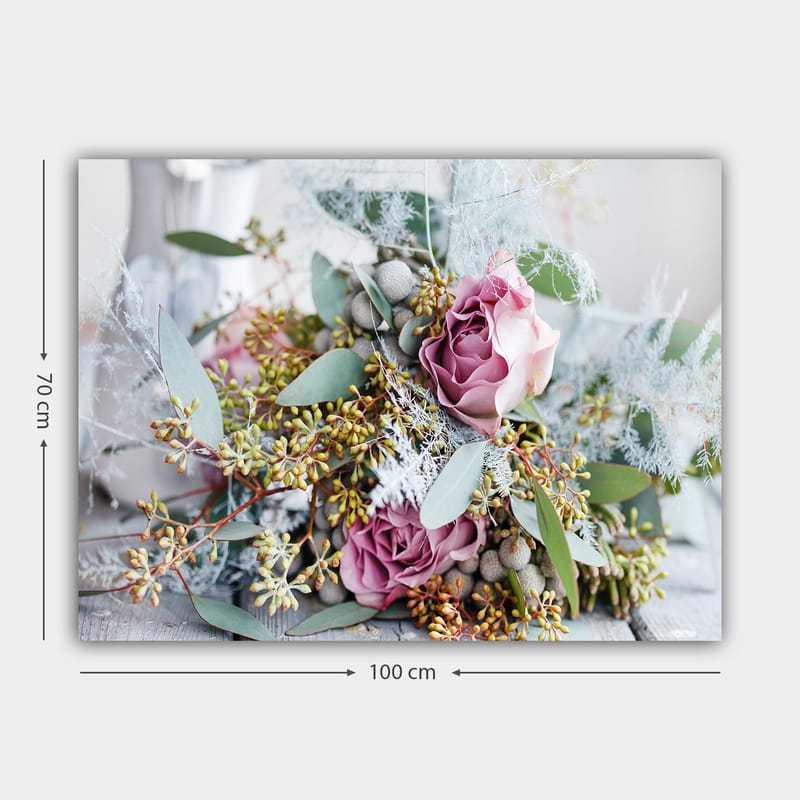 Lærred 70x100 cm - Smuk buket af roser og grønne blade - Lys pink / Grøn / Beige - Boligtilbehør - Billeder & kunst - Billeder på lærred
