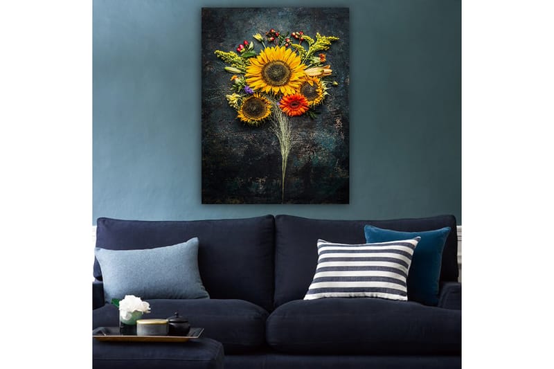 Lærred 70x100 cm - Smuk buket af solsikker og farverige blomster - Gul / Orange / Grøn - Boligtilbehør - Billeder & kunst - Billeder på lærred