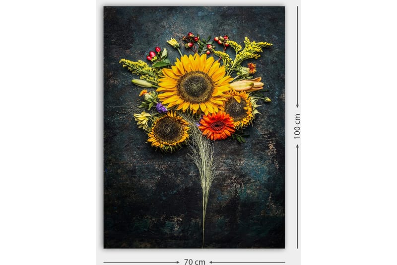 Lærred 70x100 cm - Smuk buket af solsikker og farverige blomster - Gul / Orange / Grøn - Boligtilbehør - Billeder & kunst - Billeder på lærred