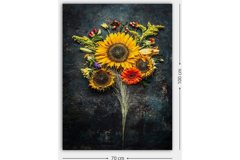 Lærred 70x100 cm - Smuk buket af solsikker og farverige blomster - Gul / Orange / Grøn - Boligtilbehør - Billeder & kunst - Billeder på lærred