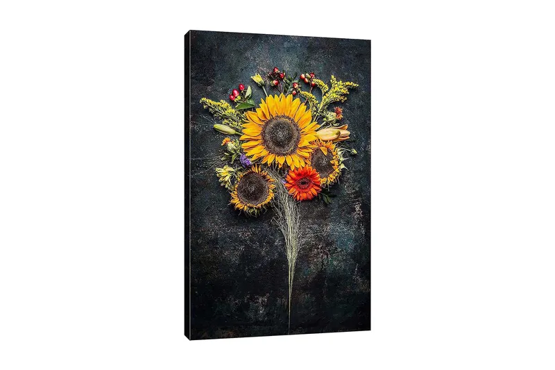 Lærred 70x100 cm - Smuk buket af solsikker og farverige blomster, Gul / Orange / Grøn