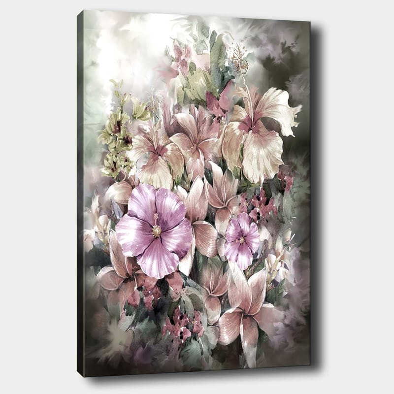 Lærred 70x100 cm - Smuk buket blomster i bløde pastelfarver, Lilla / Lyserød / Grøn
