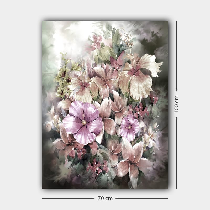 Lærred 70x100 cm - Smuk buket blomster i bløde pastelfarver - Lilla / Lyserød / Grøn - Boligtilbehør - Billeder & kunst - Billeder på lærred