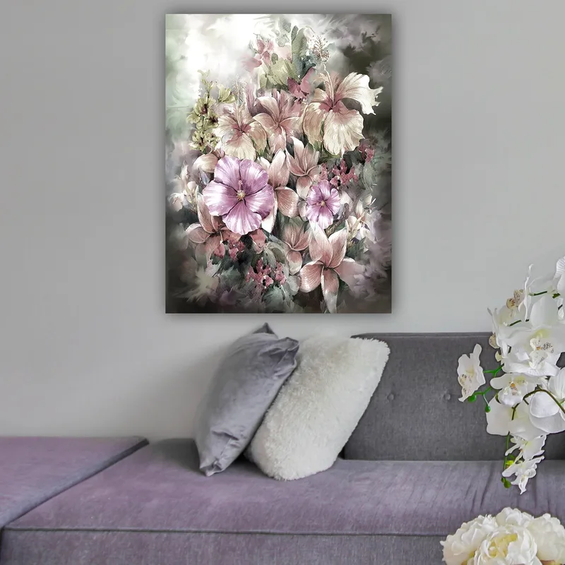 Lærred 70x100 cm - Smuk buket blomster i bløde pastelfarver - Lilla / Lyserød / Grøn - Boligtilbehør - Billeder & kunst - Billeder på lærred