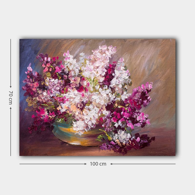 Lærred 70x100 cm - Smuk buket blomster i en skål - Lilla / Hvid / Grøn - Boligtilbehør - Billeder & kunst - Billeder på lærred