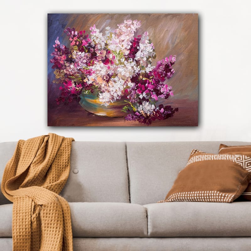 Lærred 70x100 cm - Smuk buket blomster i en skål - Lilla / Hvid / Grøn - Boligtilbehør - Billeder & kunst - Billeder på lærred