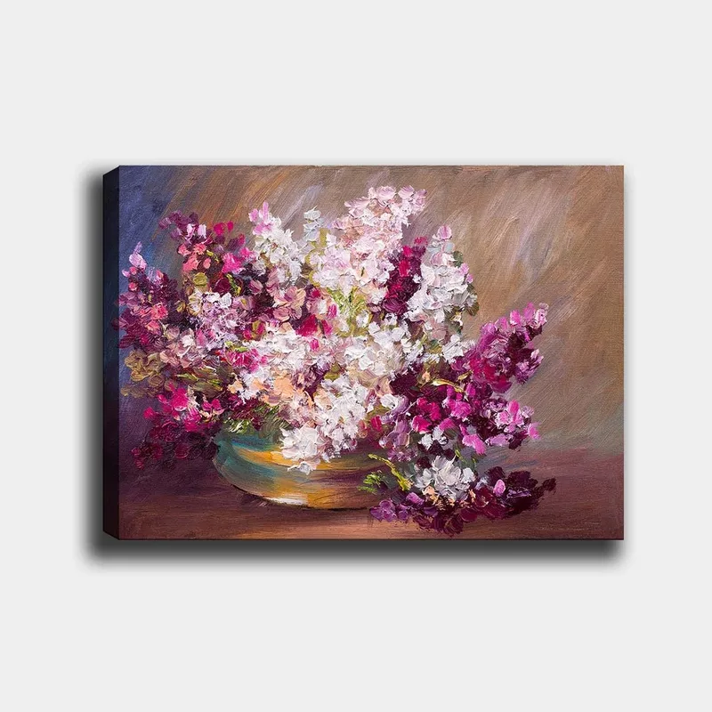 Lærred 70x100 cm - Smuk buket blomster i en skål, Lilla / Hvid / Grøn