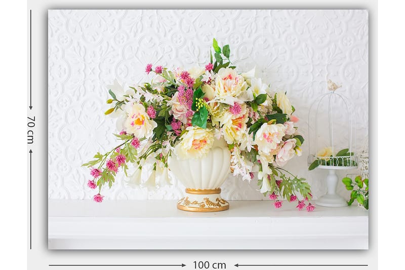 Lærred 70x100 cm - Smuk buket farverige blomster i en elegant vase - Lyserød / Grøn / Creme - Boligtilbehør - Billeder & kunst - Billeder på lærred