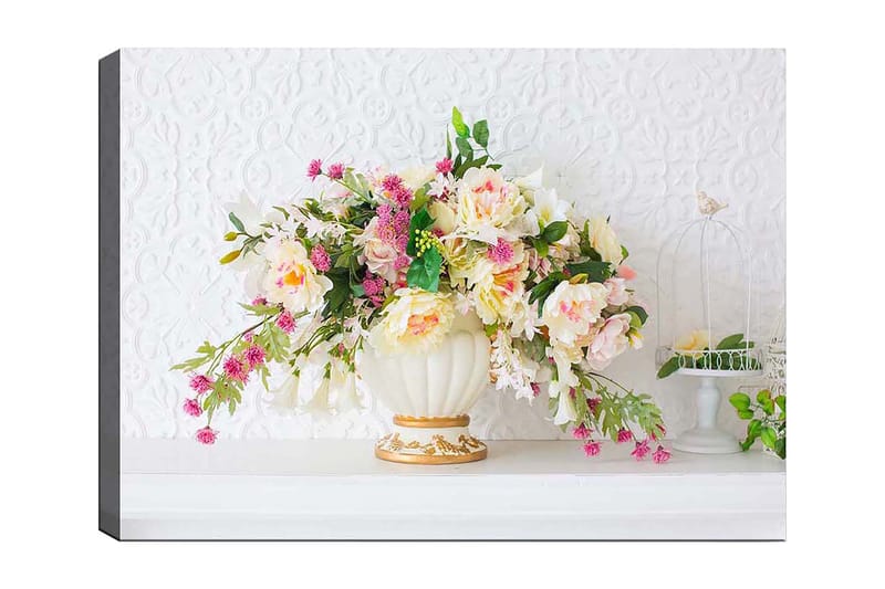 Lærred 70x100 cm - Smuk buket farverige blomster i en elegant vase, Lyserød / Grøn / Creme
