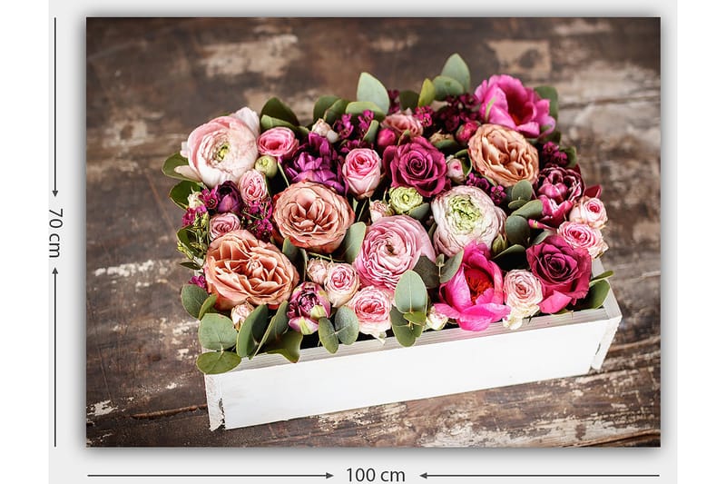 Lærred 70x100 cm - Smuk buket farverige blomster i en hvid æske - Lyserød / Lilla / Grøn - Boligtilbehør - Billeder & kunst - Billeder på lærred