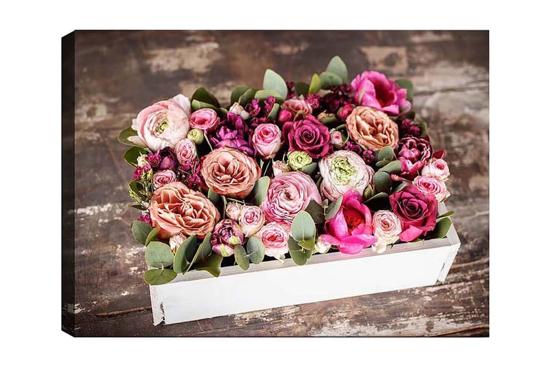 Lærred 70x100 cm - Smuk buket farverige blomster i en hvid æske, Lyserød / Lilla / Grøn