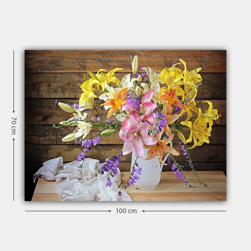 Lærred 70x100 cm - Smuk buket farverige blomster i en hvid vase - Gul / Lyserød / Lilla - Boligtilbehør - Billeder & kunst - Billeder på lærred