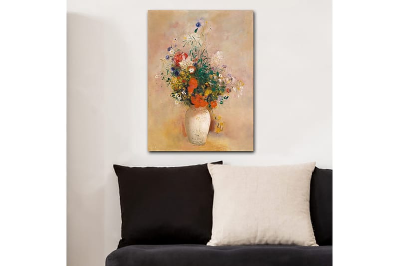 Lærred 70x100 cm - Smuk buket farverige blomster i en hvid vase - Rød / Grøn / Gul - Boligtilbehør - Billeder & kunst - Billeder på lærred