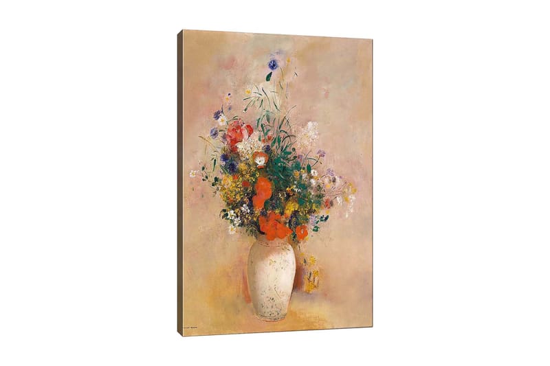 Lærred 70x100 cm - Smuk buket farverige blomster i en hvid vase, Rød / Grøn / Gul