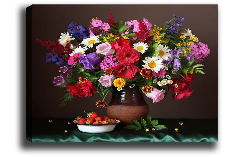 Lærred 70x100 cm - Smuk buket farverige blomster i en keramikvase - Rød / Lilla / Grøn - Boligtilbehør - Billeder & kunst - Billeder på lærred