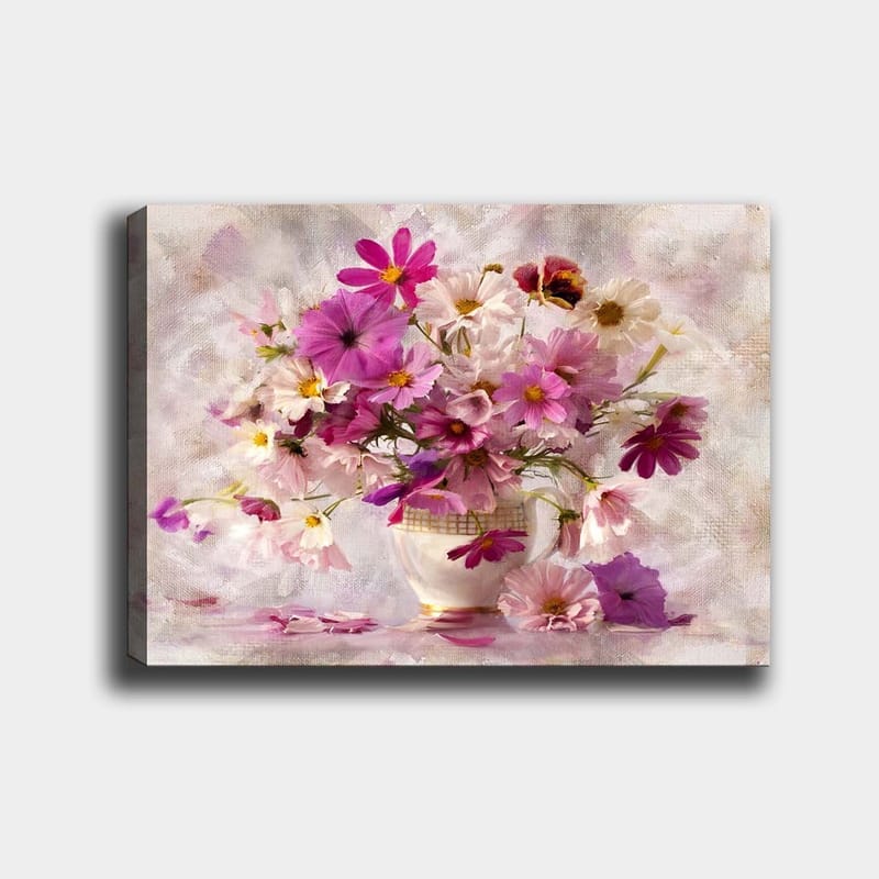 Lærred 70x100 cm - Smuk buket farverige blomster i en vase, Lyserød / Lilla / Hvid