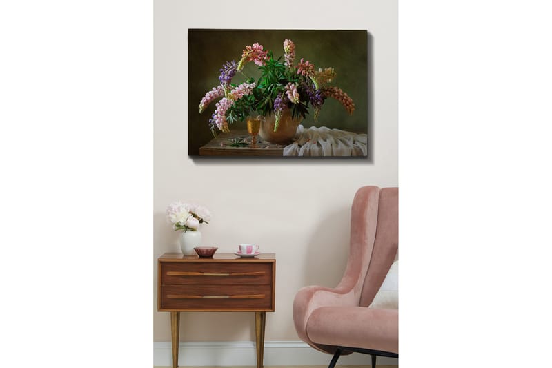 Lærred 70x100 cm - Smuk buket farverige blomster i en potte, Lilla / Lyserød / Grøn
