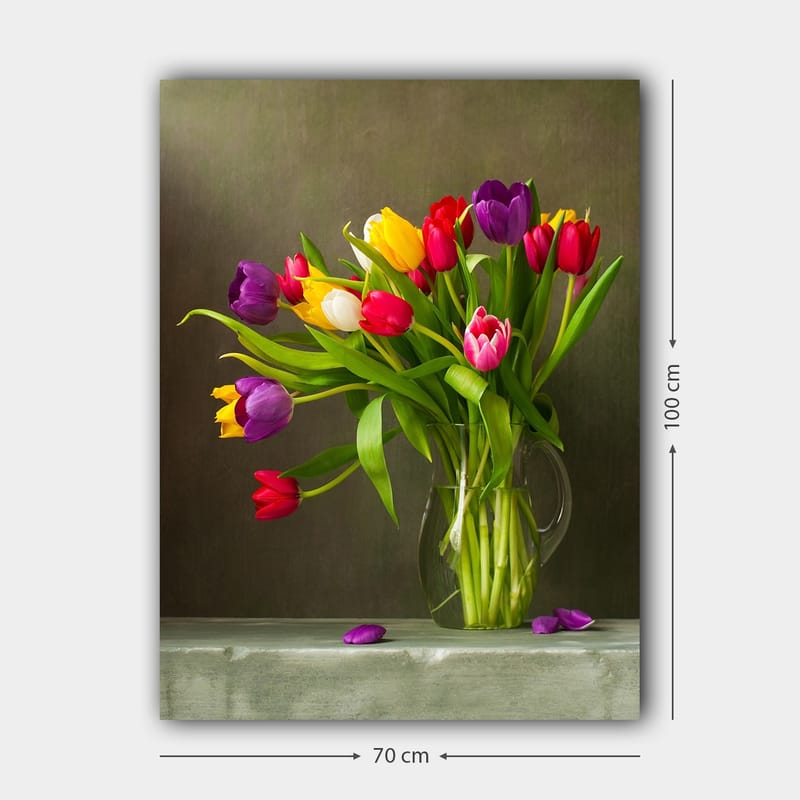 Lærred 70x100 cm - Smuk buket farverige tulipaner i en glasvase - Lilla / Rød / Gul - Boligtilbehør - Billeder & kunst - Billeder på lærred