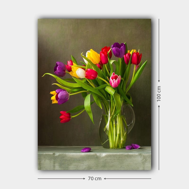 Lærred 70x100 cm - Smuk buket farverige tulipaner i en glasvase - Lilla / Rød / Gul - Boligtilbehør - Billeder & kunst - Billeder på lærred