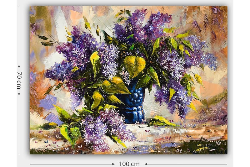 Lærred 70x100 cm - Smuk buket lilla blomster i en blå vase - Lilla / Grøn / Blå - Boligtilbehør - Billeder & kunst - Billeder på lærred