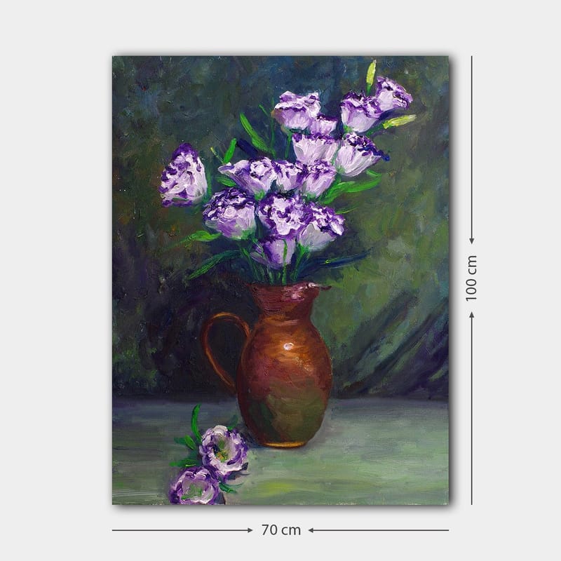 Lærred 70x100 cm - Smuk buket lilla blomster i en brun potte - Lilla / Grøn / Brun - Boligtilbehør - Billeder & kunst - Billeder på lærred