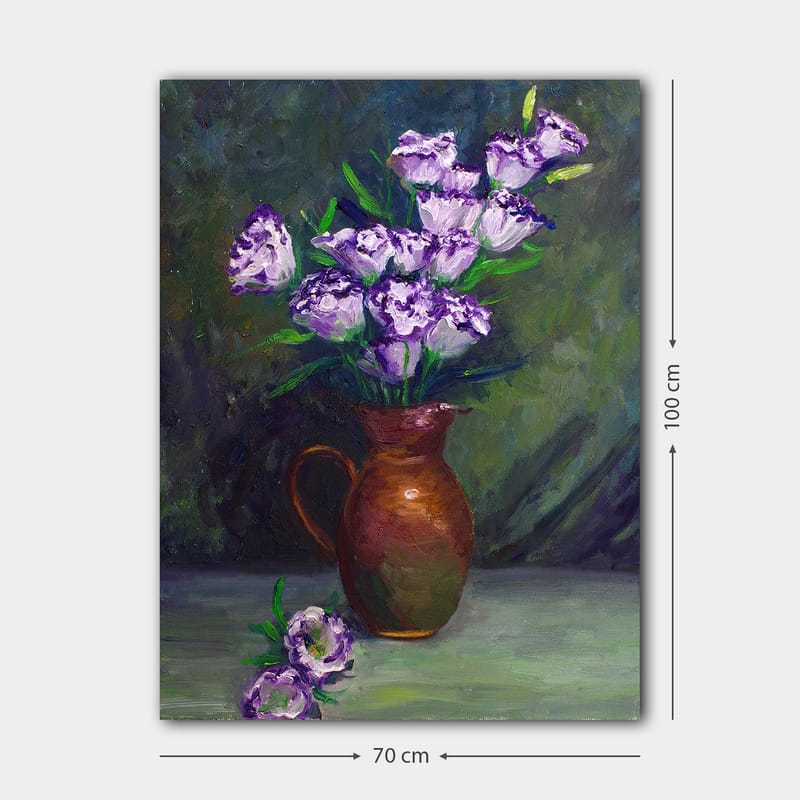 Lærred 70x100 cm - Smuk buket lilla blomster i en brun potte - Lilla / Grøn / Brun - Boligtilbehør - Billeder & kunst - Billeder på lærred