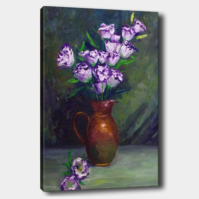 Lærred 70x100 cm - Smuk buket lilla blomster i en brun potte, Lilla / Grøn / Brun