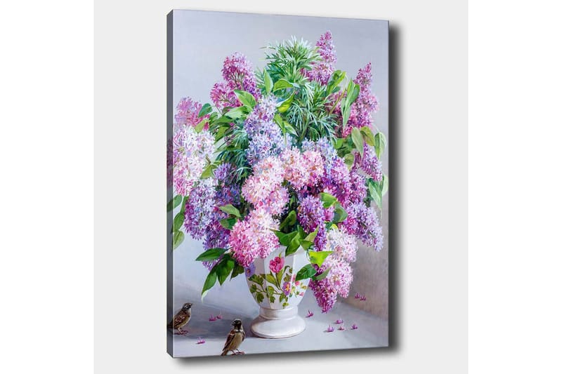 Lærred 70x100 cm - Smuk buket lilla blomster i en hvid vase - Lilla / Grøn / Hvid - Boligtilbehør - Billeder & kunst - Billeder på lærred