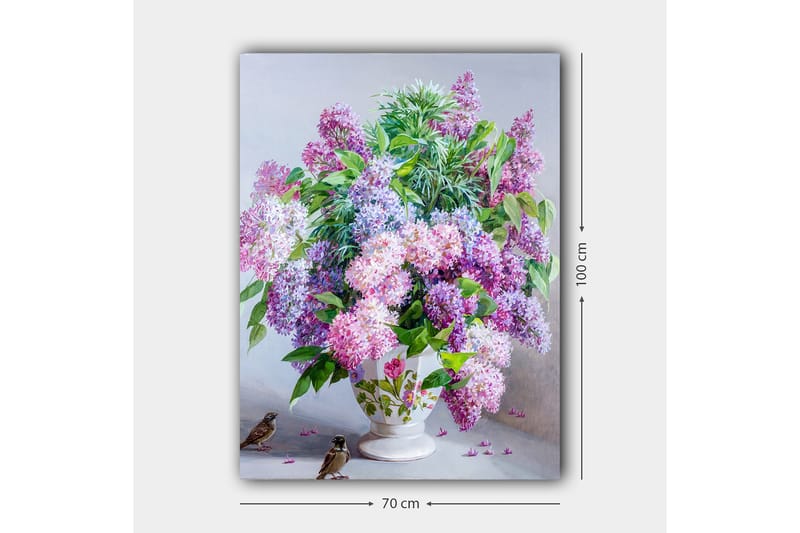 Lærred 70x100 cm - Smuk buket lilla blomster i en hvid vase - Lilla / Grøn / Hvid - Boligtilbehør - Billeder & kunst - Billeder på lærred