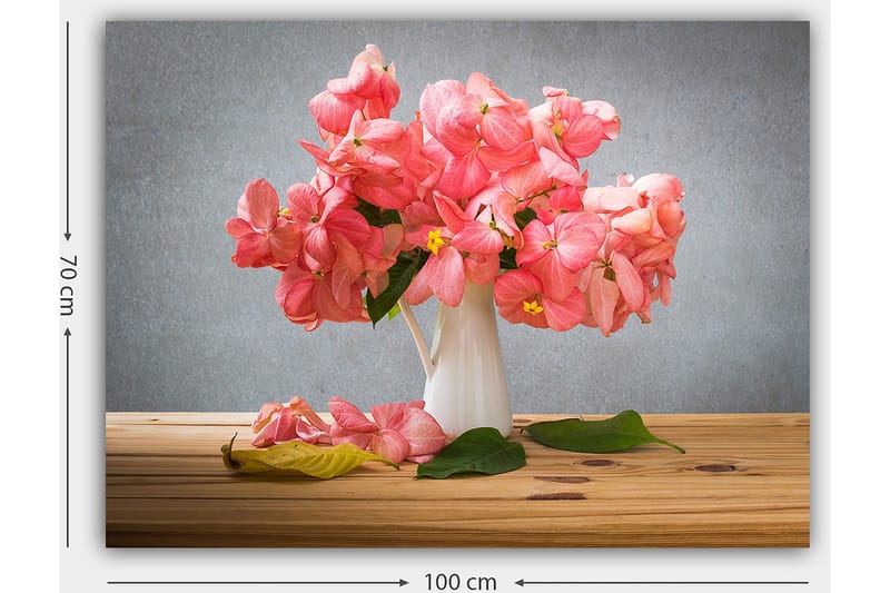 Lærred 70x100 cm - Smuk buket lyserøde blomster i en hvid vase - Lyserød / Grøn / Gul - Boligtilbehør - Billeder & kunst - Billeder på lærred