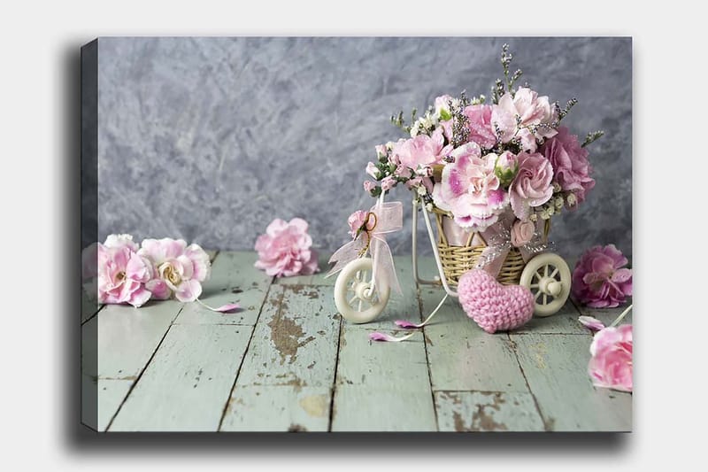 Lærred 70x100 cm - Smuk buket lyserøde blomster i en lille cykelkurv, Lyserød / Grøn / Hvid