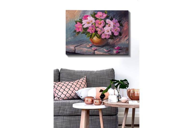 Lærred 70x100 cm - Smuk buket lyserøde blomster i en rund vase - Lyserød / Grøn / Beige - Boligtilbehør - Billeder & kunst - Billeder på lærred