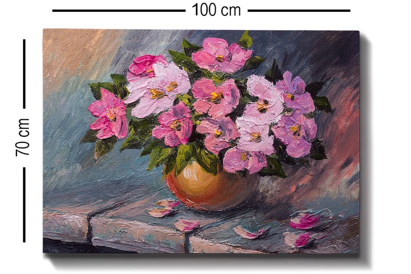 Lærred 70x100 cm - Smuk buket lyserøde blomster i en rund vase - Lyserød / Grøn / Beige - Boligtilbehør - Billeder & kunst - Billeder på lærred