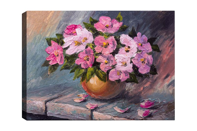 Lærred 70x100 cm - Smuk buket lyserøde blomster i en rund vase, Lyserød / Grøn / Beige