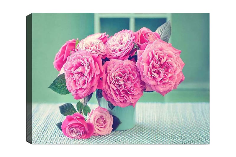 Lærred 70x100 cm - Smuk buket lyserøde roser i en lys vase, Lyserød / Grøn