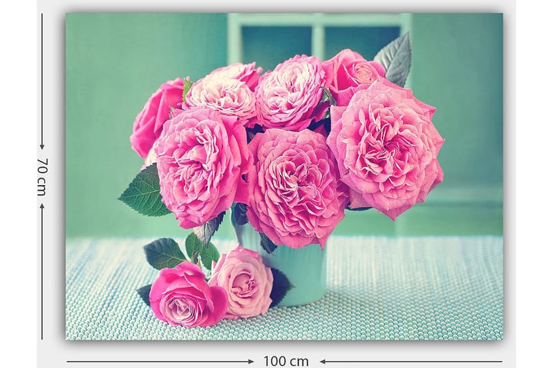Lærred 70x100 cm - Smuk buket lyserøde roser i en lys vase - Lyserød / Grøn - Boligtilbehør - Billeder & kunst - Billeder på lærred