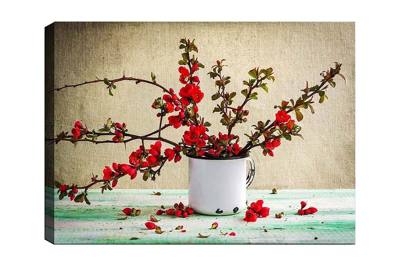 Lærred 70x100 cm - Smuk buket røde blomster i en hvid kop, Rød / Grøn / Hvid