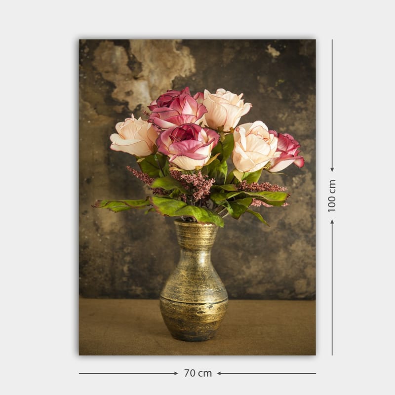 Lærred 70x100 cm - Smuk buket roser i en dekorativ vase - Lyserød / Grøn / Guld - Boligtilbehør - Billeder & kunst - Billeder på lærred