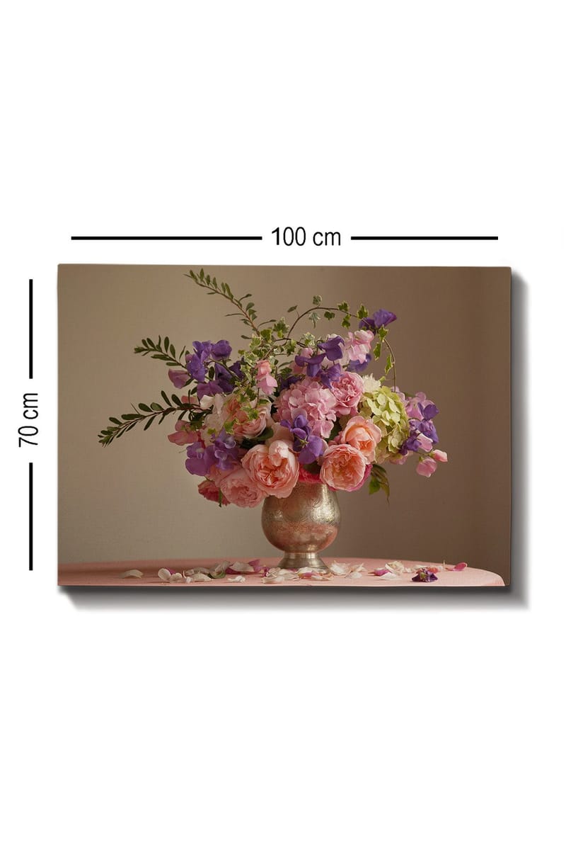 Lærred 70x100 cm - Smuk buket roser og andre blomster i en sølvvase - Lyserød / Lilla / Grøn - Boligtilbehør - Billeder & kunst - Billeder på lærred