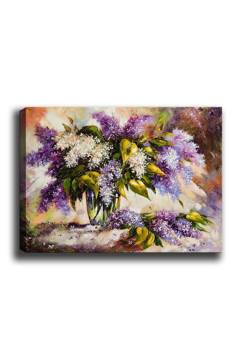 Lærred 70x100 cm - Smuk buket syrener i lilla og hvide nuancer, omgivet af grønne blade, Lilla / Hvid / Grøn