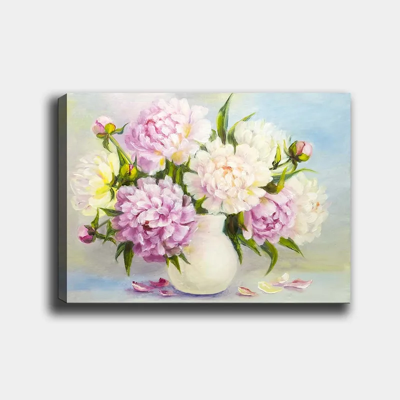 Lærred 70x100 cm - Smuk buket pæoner i en hvid vase, Lys pink / Hvid / Grøn