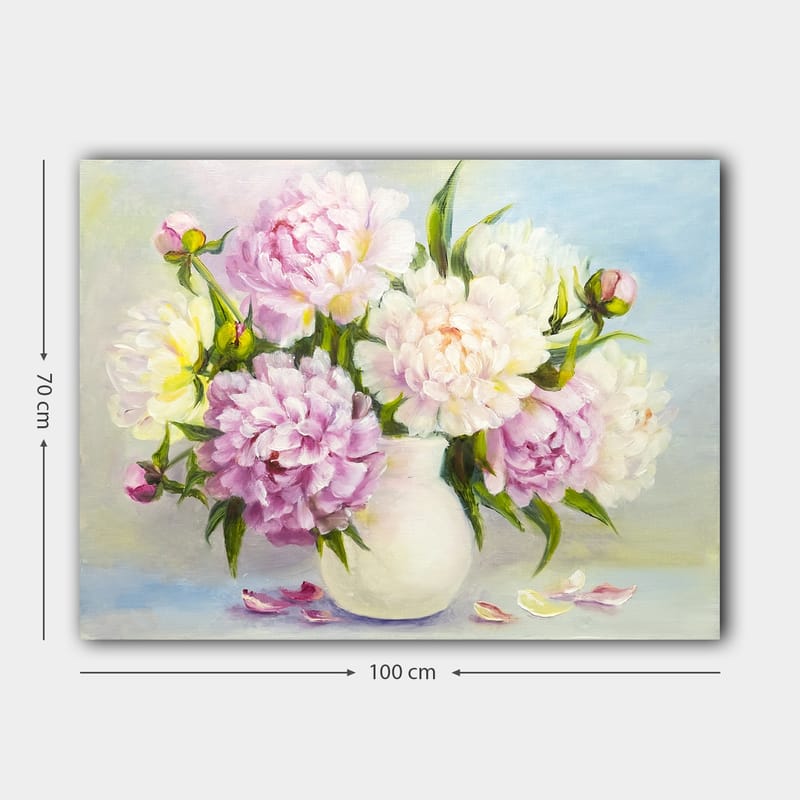 Lærred 70x100 cm - Smuk buket pæoner i en hvid vase - Lys pink / Hvid / Grøn - Boligtilbehør - Billeder & kunst - Billeder på lærred