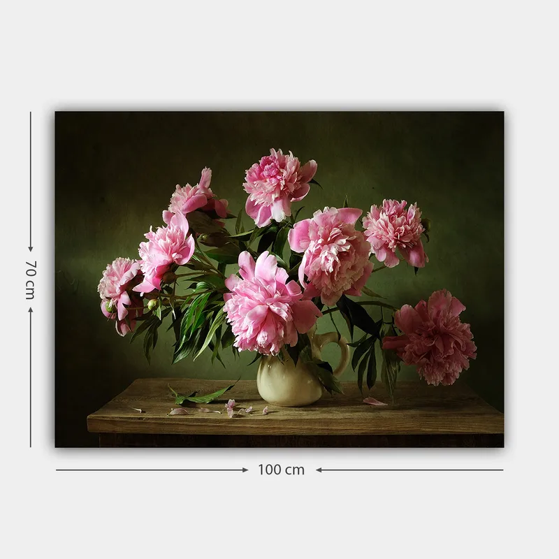 Lærred 70x100 cm - Smuk buket pæoner i en potte stående på et bord - Lyserød / Grøn - Boligtilbehør - Billeder & kunst - Billeder på lærred