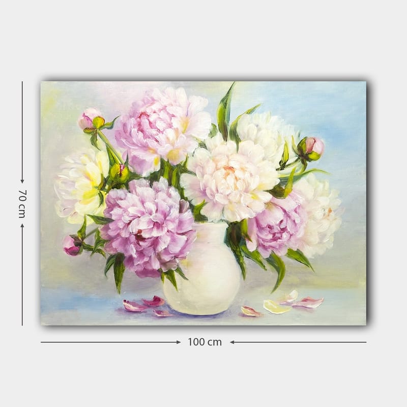Lærred 70x100 cm - Smuk buket pæoner i en hvid vase - Lys pink / Hvid / Grøn - Boligtilbehør - Billeder & kunst - Billeder på lærred