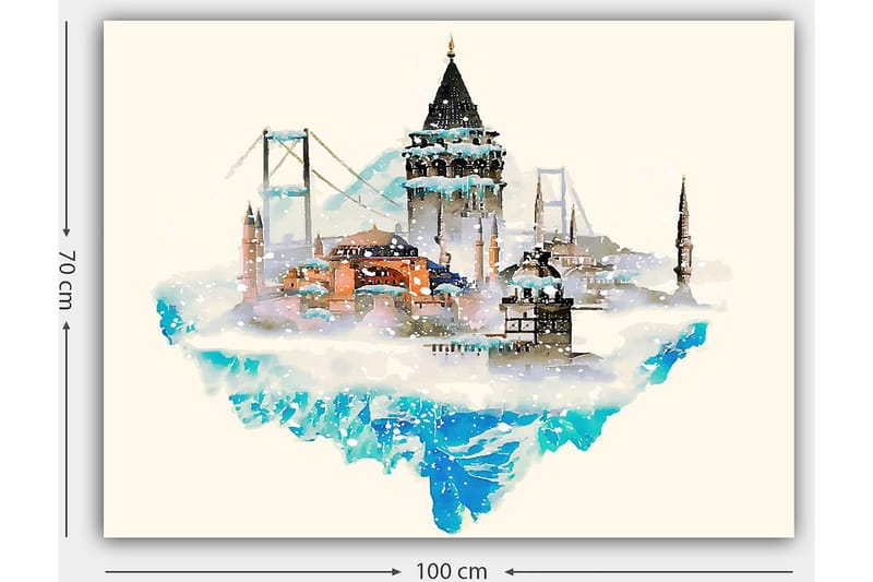 Lærred 70x100 cm - Smuk byskyline med historiske bygninger og broer, omgivet af sne og is - Blå / Orange / Grå - Boligtilbehør - Billeder & kunst - Billeder på lærred